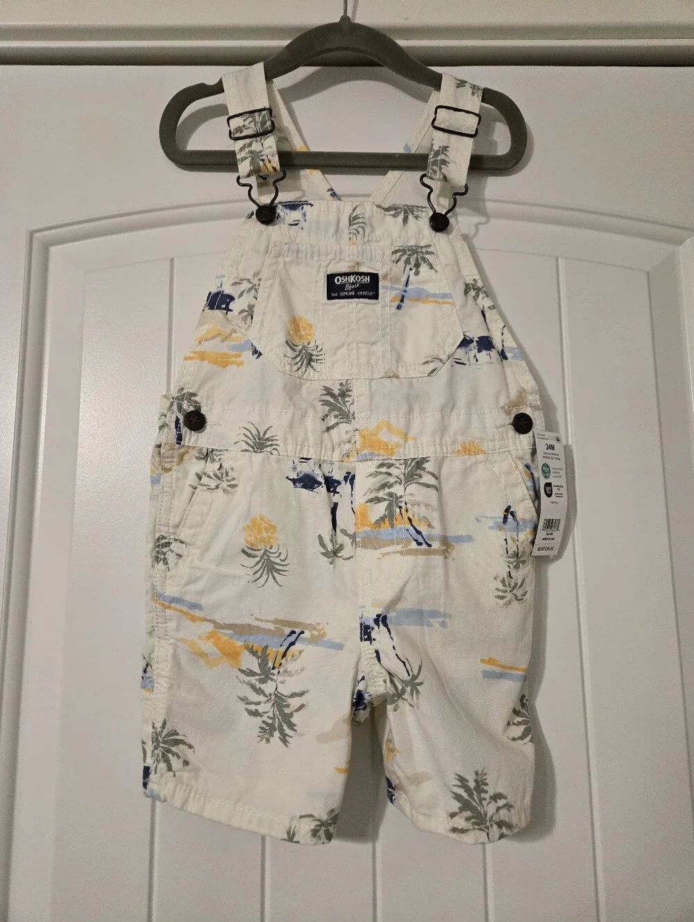 OshKosh B'gosh Cream Tropical Print Short Overalls with Blue and Yellow Accents